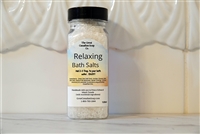 Bottle of 100% Natural Relaxing Bath Salts with Lavender and Sweet Orange Essential Oils.