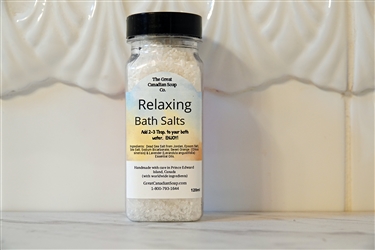 Bottle of 100% Natural Relaxing Bath Salts with Lavender and Sweet Orange Essential Oils.