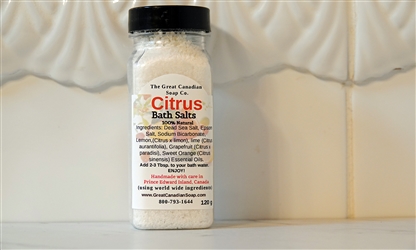 Citrus Soak Bath Salts - 120 ml (4.2 fl oz)
120 ml bottle of Citrus Soak Bath Salts - 100% Natural, blend of Tangerine, Grapefruit, Lime & Sweet Orange Essential Oils.
