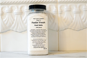 Feelin' Fresh Foot Salts - 500 ml (16.9 fl oz)
500 ml bottle of Feelin' Fresh Foot Salts - 100% Natural, refreshing blend of Citrus, Mint, Rosemary, Juniper, and Eucalyptus Essential Oils.