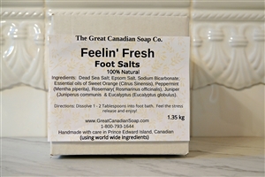 Feelin' Fresh Foot Salts - 1.35  (2.98 lds)
1.35 kg cardboard box of Feelin' Fresh Foot Salts - 100% Natural, invigorating blend of Citrus, Mint, Rosemary, Juniper, and Eucalyptus Essential Oils