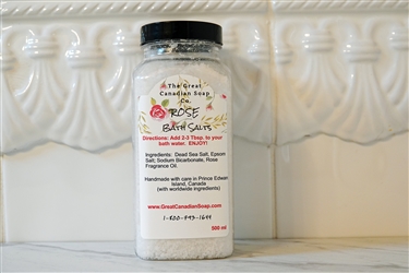 Bottle of Rose Bath Salts emanating the delightful scent of fresh fragrant roses