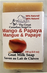Rich and creamy Mango & Papaya Goat Milk Soap bar, showcasing its vibrant colors and natural texture, symbolizing tropical rejuvenation.