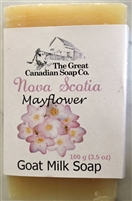 Nova Scotia's Mayflower Goat Milk Soap bar, a 98% natural soap with the essence of the Mayflower, perfect for gentle cleansing.