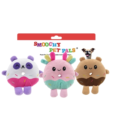 5" 3 PACK KITTY DONUT/ AXOLOTL DONUT/BEAR DONUT SMOOCHY PET PALS TOY WITH SQUEAKER & CRINKLE PAPER WITH CARD