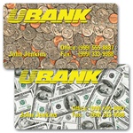 Lenticular business card with USA currency, dollars and coins, flip