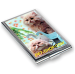 Lenticular business card case with custom cat pet shop, depth