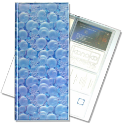 Lenticular business card file with white bubbles on blue background, depth
