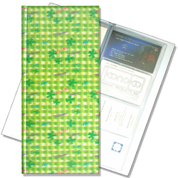 Lenticular business card file with green and white checkered pattern, depth