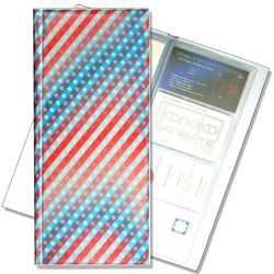 Lenticular business card file with USA flag, stars and stripes, color changing flip