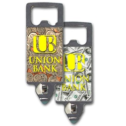 Lenticular bottle opener with USA money, dollars and coins, flip