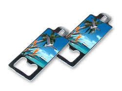 Lenticular bottle opener with custom tropical paradise palm trees, flip