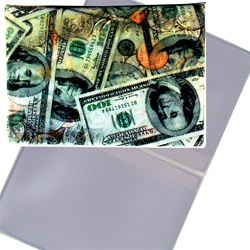Lenticular business card holder with USA currency, dollars and coins, flip