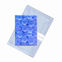 Lenticular business card holder with white bubbles on blue background, depth