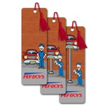 Lenticular bookmark with mechanic repairs car by raising and lowering hydraulic lift, animation