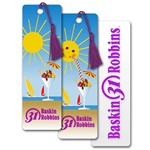 Lenticular bookmark with summer sun sipping fruit sundae out of martini glass on beach, flip