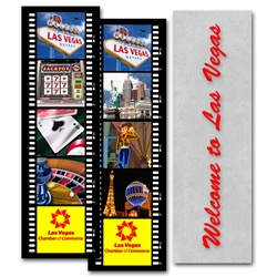 Lenticular bookmark with Las Vegas hotels, Hollywood film strip, flip