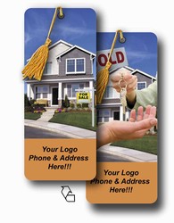 Lenticular bookmark with real estate realtor hands sold keys to buyer of house, flip