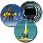 Lenticular bottle opener with Corona bottle, palm tree, tropical beach, flip