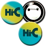 Lenticular button with yellow, blue, and green, color changing with