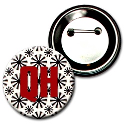 Lenticular button with black spinning wheels on white background, animation