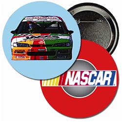 Lenticular button with custom design, NASCAR race car and logo, flip