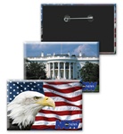 Lenticular button with American flag, bald eagle, and White House, flip