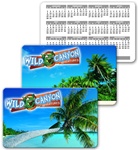 Lenticular calendar card with palm tree on tropical Hawaiian beach, flip