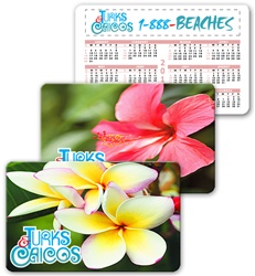 Lenticular calendar card with tropical Hawaiian flowers, Hibiscus and Plumeria, flip