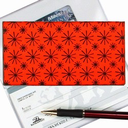 Lenticular checkbook cover with red spinning wheels on white background, animation