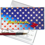 Lenticular checkbook cover with USA flag, stars, color changing flip