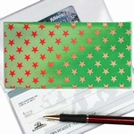 Lenticular checkbook cover with white and red stars on a green background, color changing flip