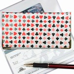 Lenticular checkbook cover with playing cards with clubs, spades, diamonds, and hearts, color changing flip