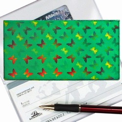 Lenticular checkbook cover with yellow, red, and green butterflies, color changing flip