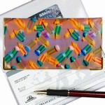 Lenticular checkbook cover with multicolored pencils on a pink and purple background, depth