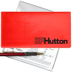 Lenticular checkbook cover with red and white gradient, color changing