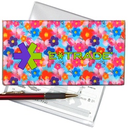Lenticular checkbook cover with red, blue, pink, and purple flowers, depth