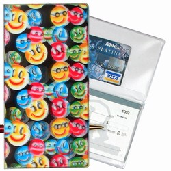 Lenticular checkbook cover with small rainbow multicolored happy faces, depth