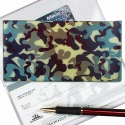 Lenticular checkbook cover with camouflage of blue, black, and silver, color changing