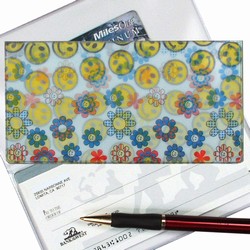 Lenticular checkbook cover with flowers and happy faces, flip