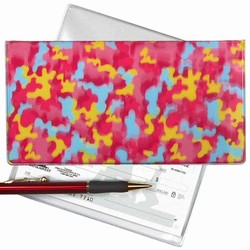 Lenticular checkbook cover with pink, blue, and yellow camouflage print, depth
