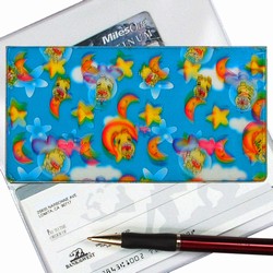 Lenticular checkbook cover with stars, moons, dogs, clouds, and sky, depth