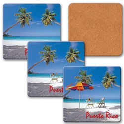 Lenticular coaster with palm trees, umbrella, and lawn chair appear on a tropical Hawaiian beach, flip