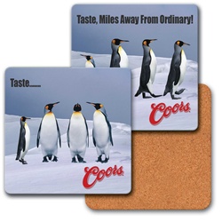 Lenticular coaster with penguins dancing in the Antarctic snow, flip