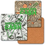 Lenticular coaster with American paper currency and coins, flip