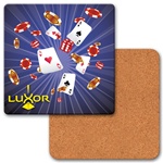 Lenticular coaster with Las Vegas casino chips, cards and dice explode from the center, depth