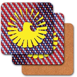 Lenticular coaster with American flag stars and stripes, red, white, and blue, color changing flip