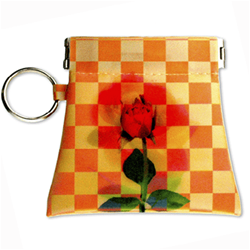Lenticular coin purse with custom design, growing red rose flower with yellow checkered background, flip