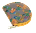 Lenticular coin purse with multicolored pencils on a pink and purple background, depth