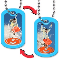 Lenticular dog tag with snow skiier jumps off a mountain, flip